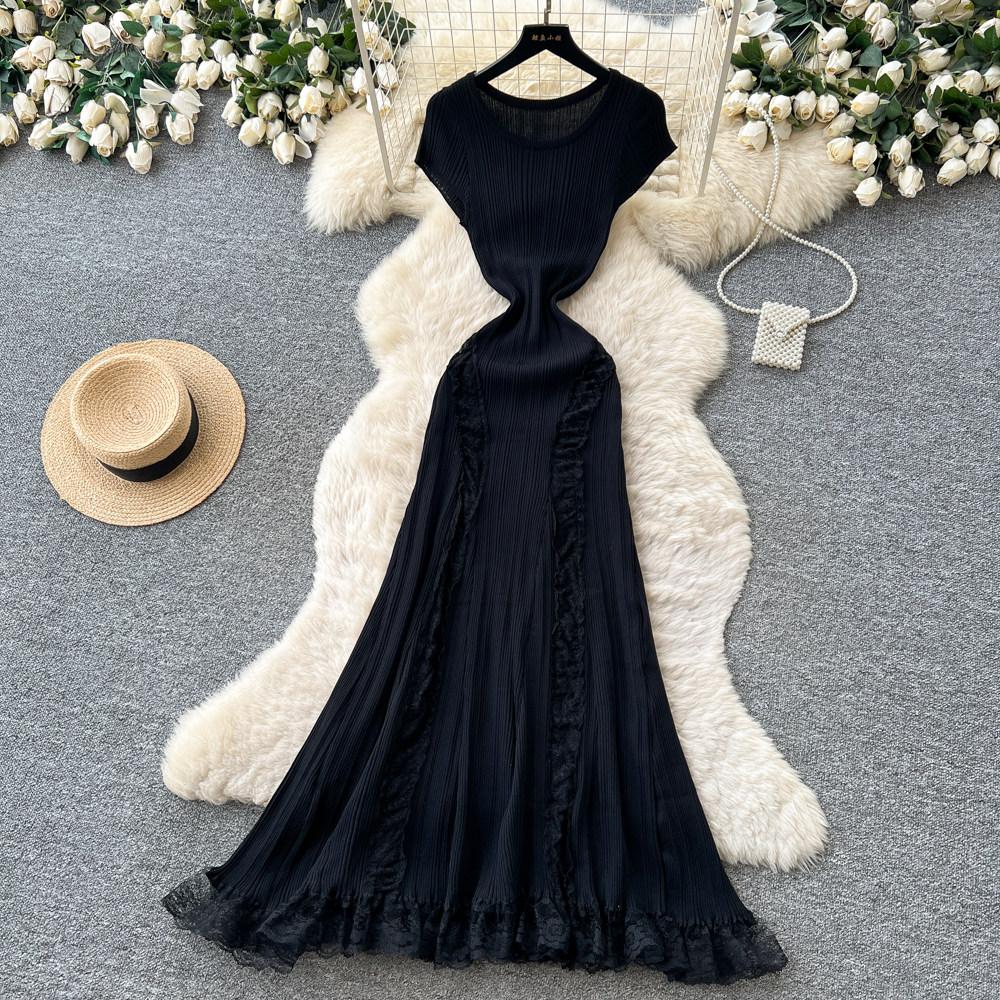 Elegant Lace Patchwork Knitted Midi Long Dress Women Chic Short Sleeve Ruffles Slim Fit Dresses 2026 Casual Daily Office Outfit