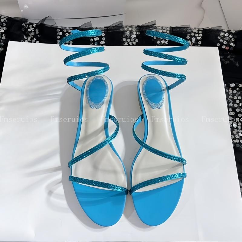 

Summer Women Sandals Gladiator Sandals Flats Round Toe Rhinestone Ankle Snake Twine Around Elegant Wedding Party Shoes Ladies 34