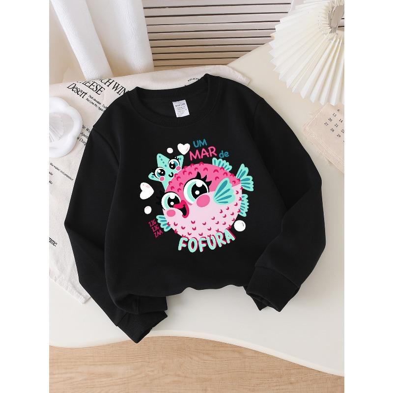 Girls' Crew Neck Sweatshirt Cute Fish with Star And Text, Soft Cozy Pullover, Warm Casual Outfit for Autumn And Winter