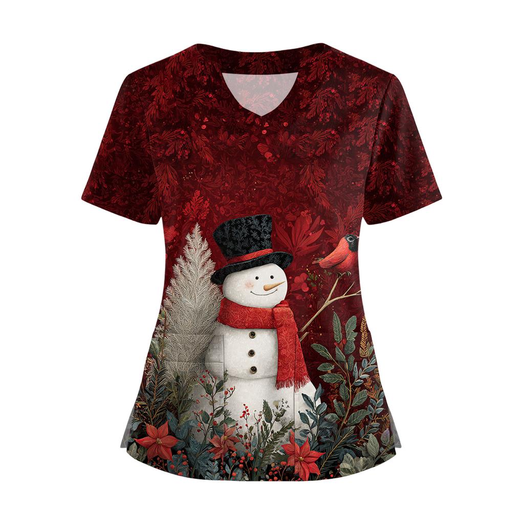 Women's Short Sleeved Christmas Printed V-neck Buttonable Side Slit Top T-shirt
