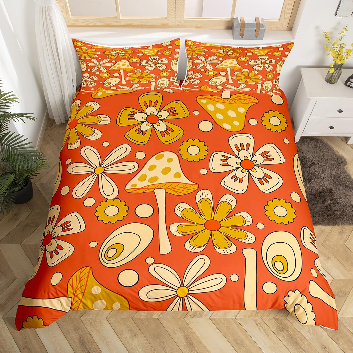 

Comforter Retro 60S 70S Groovy Flower Colorful Hippie Floral Bedding Set Queencartoon Rainbow Mushroom Daisy Comforter Comforter (quilt)-EU Single(135*200cm)3pcs
