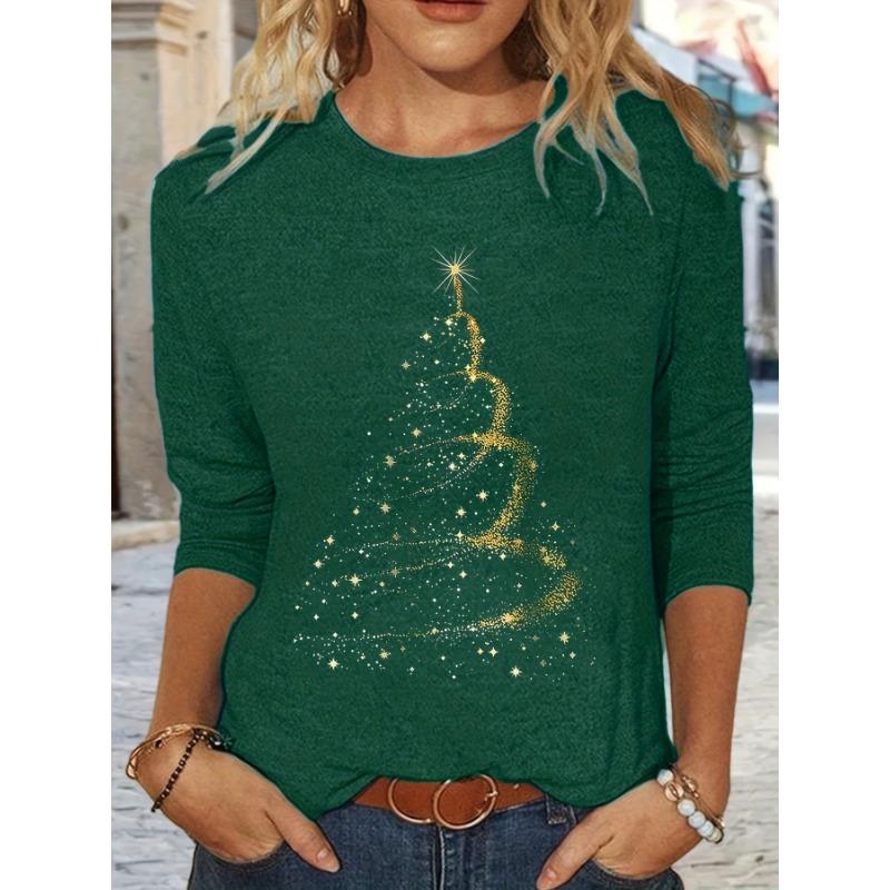Christmas Fall/Spring New Style Positioning Print Round Neck Long Sleeve Loose Top Base T-Shirt Machine Washable