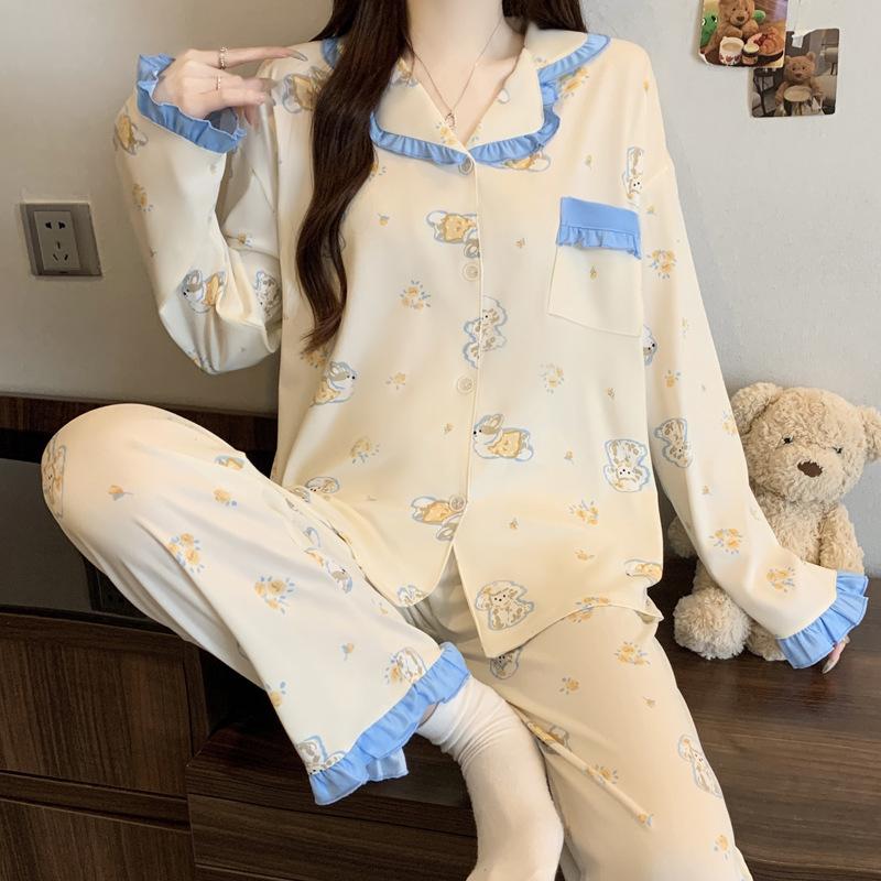 Wind cartoon printed pajamas women's spring and autumn imitation cotton sweet lace long-sleeved trousers loungewear set