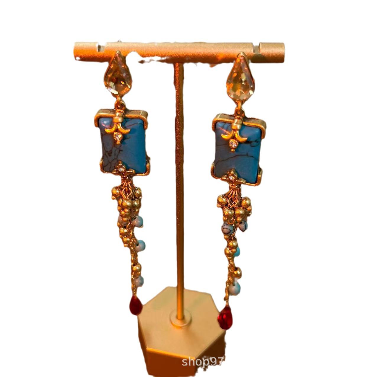 

Vintage Chinese Tassel Stone Relief Earrings - Ancient Carved Style.