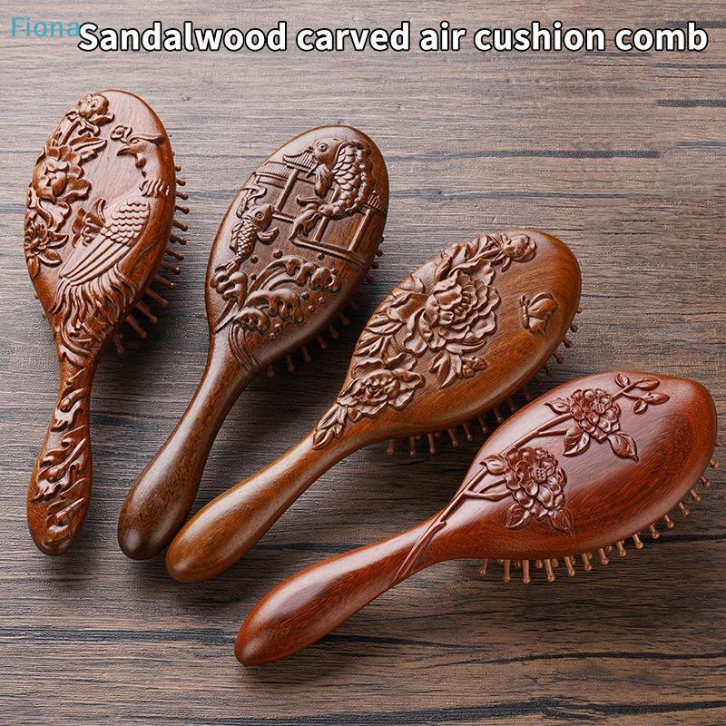 Hand Carved Sandalwood Comb Oval Shape Wooden Air Cushion Comb Styling Brush Fine-Toothed Scalp Massage Brush
