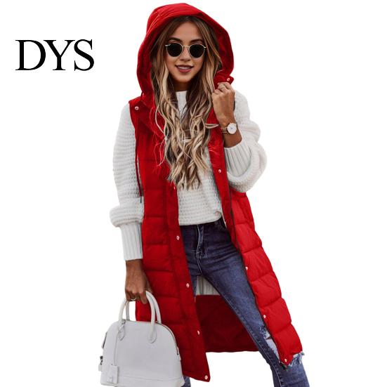 Winter Waistcoat Women Vest Coat Hooded Solid Color Zipper Closure Drawstring Padded Sleeveless Thick Mid Length Windproof Warm Lady Long