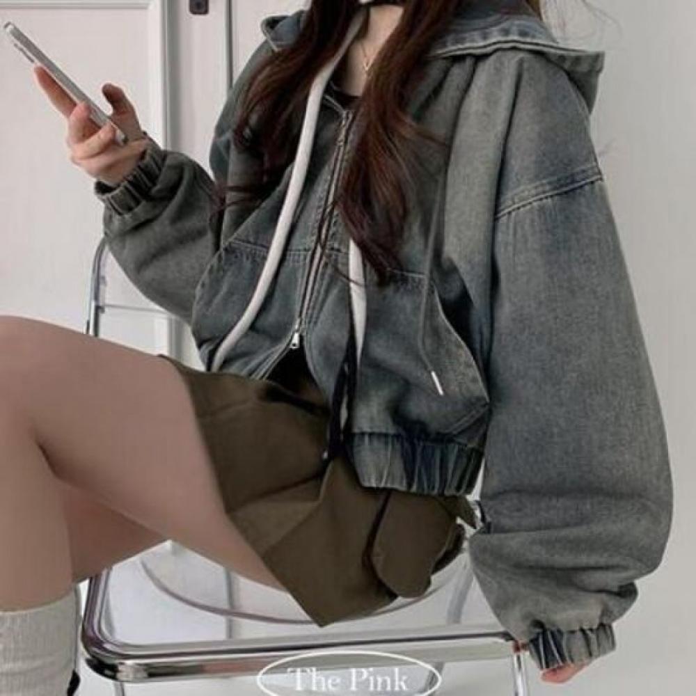 The Pink Loose Fit Semi Crop Two Way Hood Denim Jacket