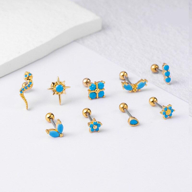 2PCS Stainless Steel Mini Blue Zircon Piercing Stud Earrings Small Helix Tragus Ear Studs Cartilage Women Earings Korean Jewelry