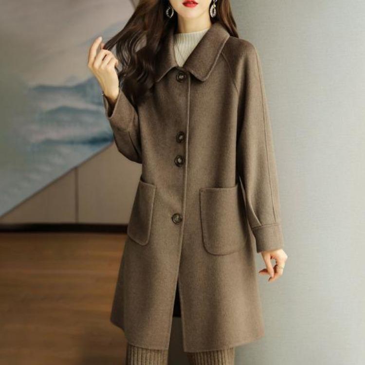 Winter Coat Women Thermal Overcoat Turn Down Collar Long Sleeves Loose Fit Cardigan Single Breasted Pure Color Pockets Commuting Dating Winter Jacket