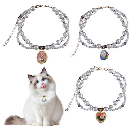 

Faux Pearl Pet Collar for Dogs Cats Double-layer Beaded Necklace with Enamel Pendant for Pet Dress-up Jewelry Accessories B