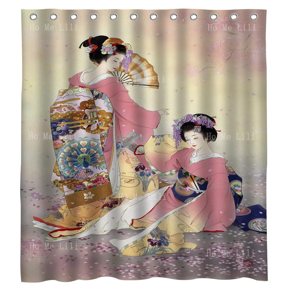 Japanese Traditional Funny Cherry Blossoms Beautiful Kimono Geisha Girl Design Fabric Bathroom Shower Curtain Home Decor