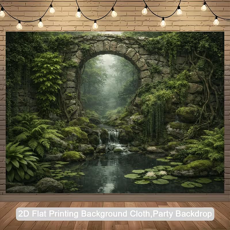 Enchanted Garden Banner with Overgrown Bridge and Pond Photo Booth Background Cloth