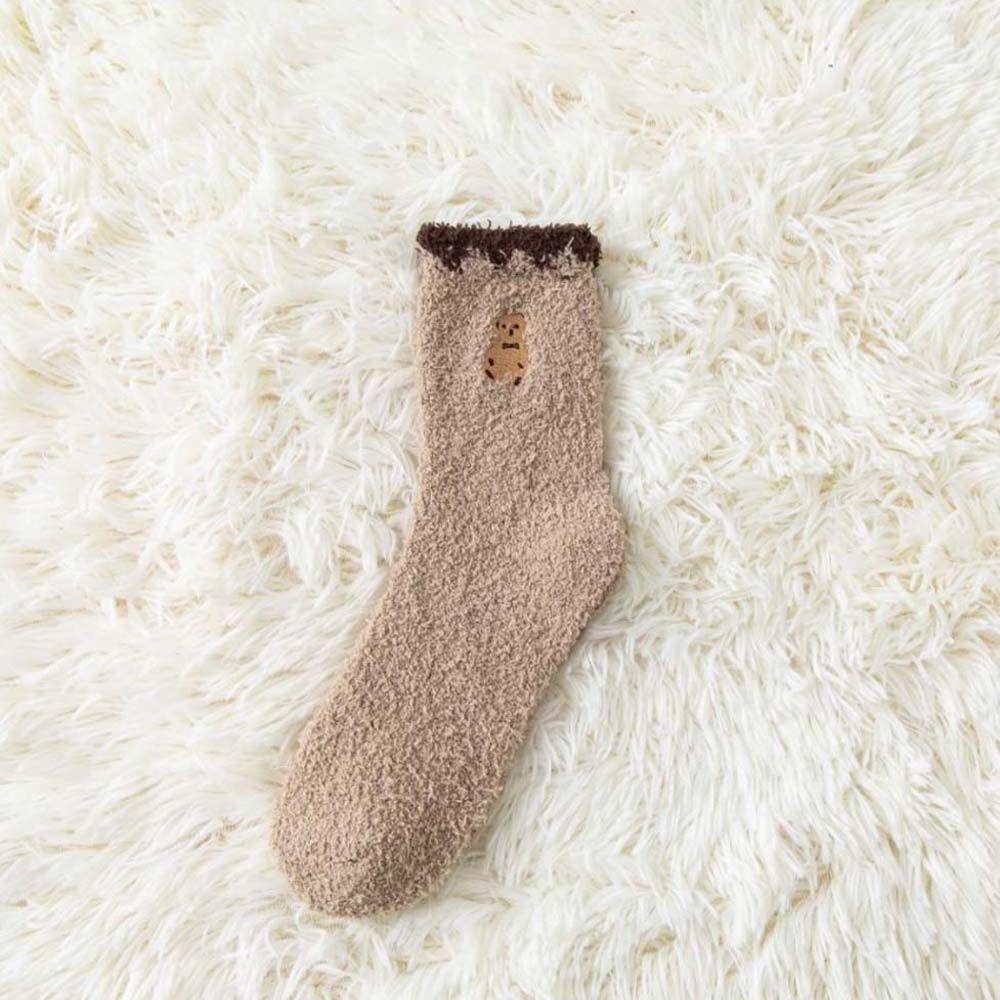 

Socks Embroidery Bear Sweet Mid-tube Socks Cute Floor Socks Coral Fleece Socks Female Hosiery хаки