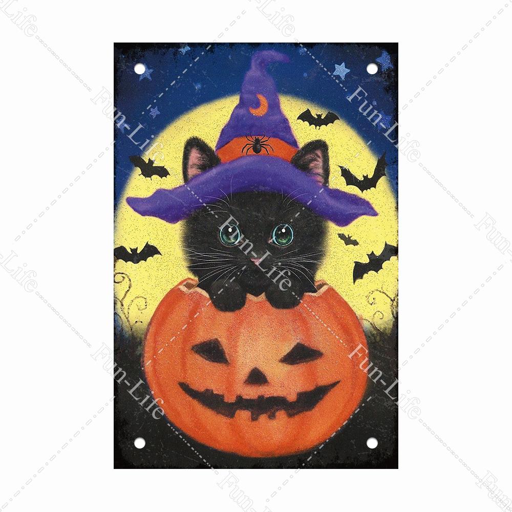 Black Cat Happy Halloween Vintage Metal Signs Halloween Party Poster Pumpkin Metal Tin Plaque Bar Pub Cafe Wall Home Decor