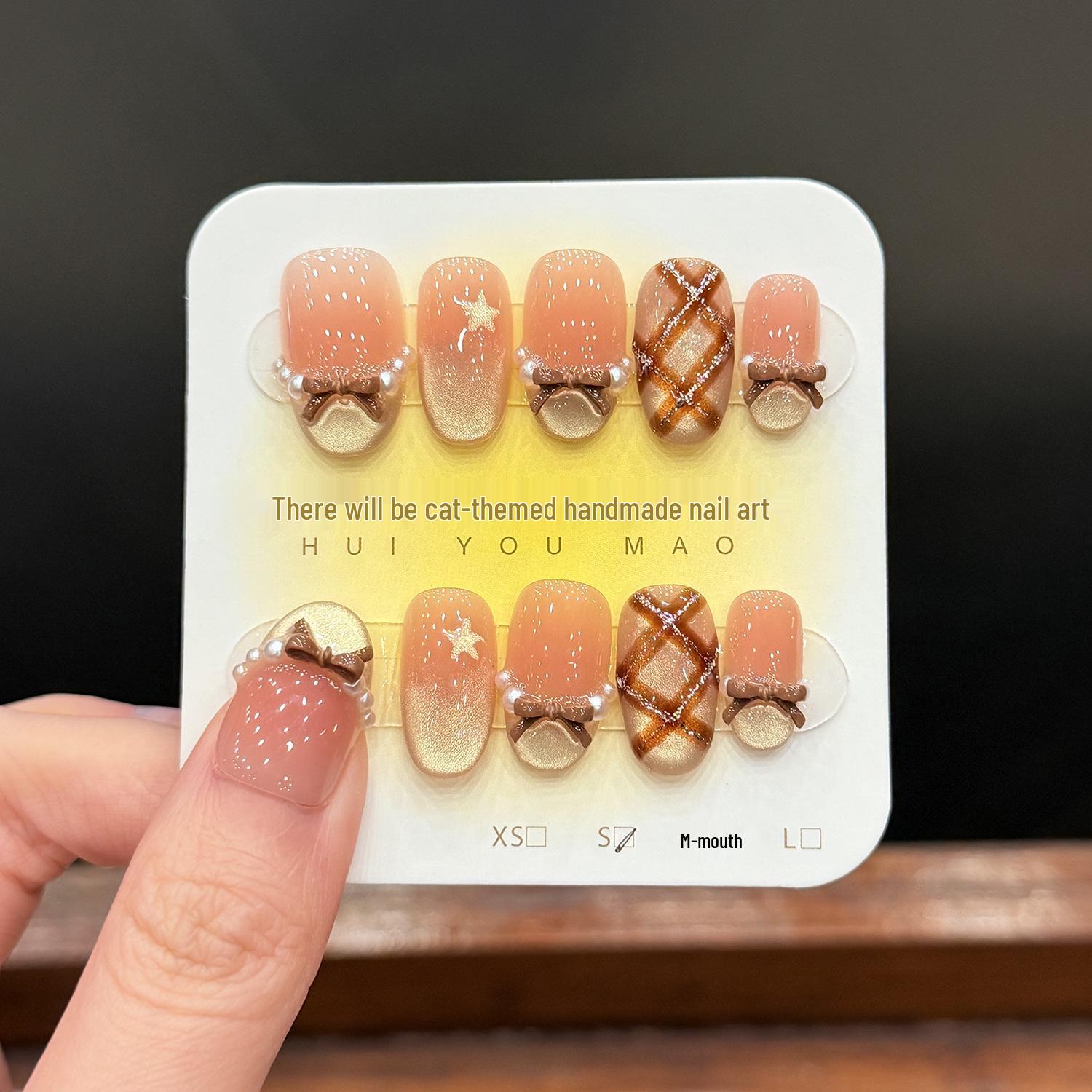 Cat Eye Rhinestone Plaid Press-On Nails: Handmade, Cute Blush Design Extra Small - Short Oval