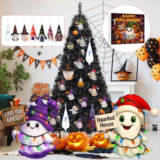 Halloween Advent Calendar 2025 24 Day Countdown Calendar with Acrylic Ghost/Gnome/Pumpkin Ornaments for Indoor Outdoor Home Party Decor