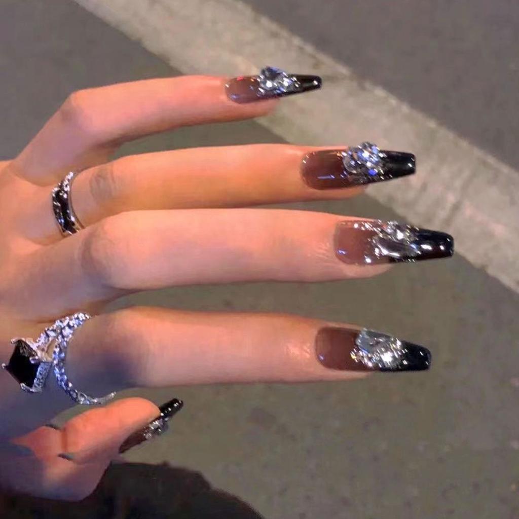 Dark Black Star French Fake Nails Women DIY Manicure Kit Tool for Professional Salon Daily Use