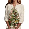 Women's Fashion Casual Christmas Print V-Neck Short Sleeve Decorative Button Three-quarter Sleeve T-shirt Top