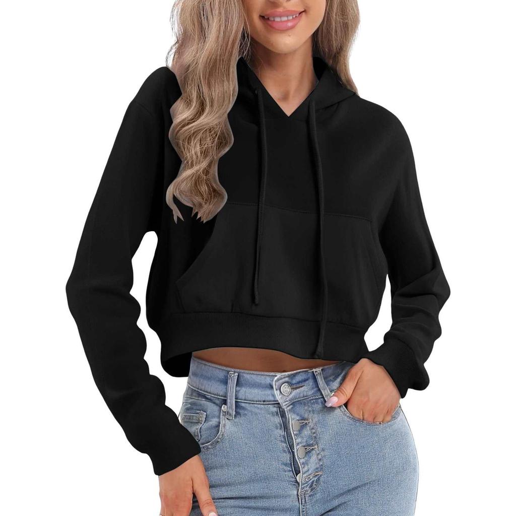Sudadera con capucha corta de manga larga de color para mujer, informal, holgada, con cordón