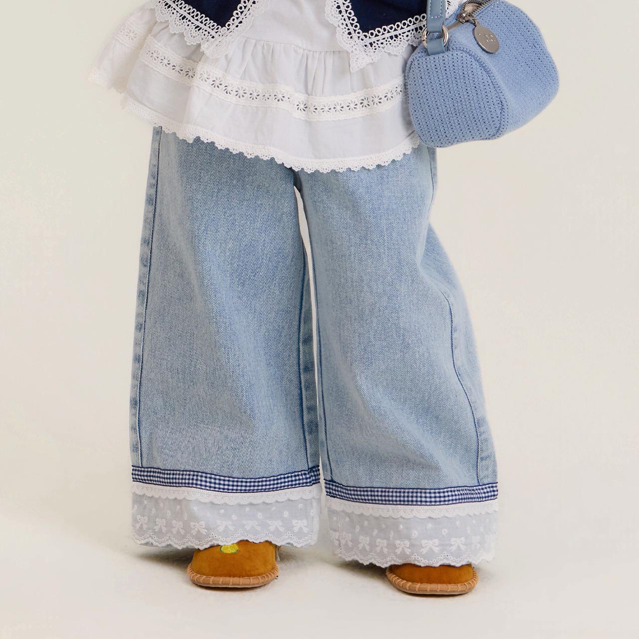 Spring 2026 Girls  Lace Ruffle Straight-Leg Denim Pants 90 cm