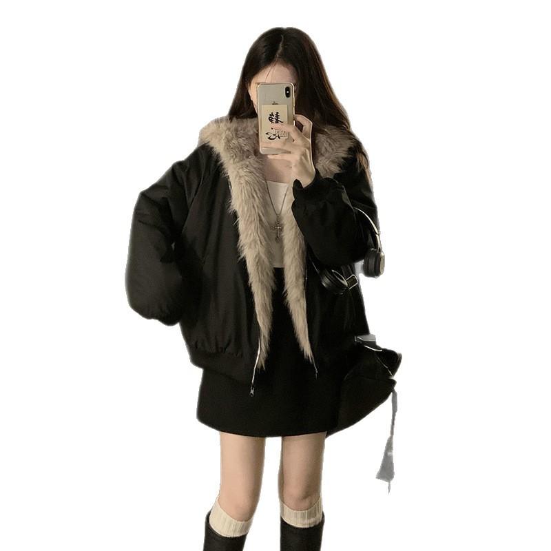 2025 Winter New Hooded Cute Short Splicing Casual Fashion Trend Loose Cotton Coat Women