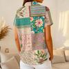 Damen Lässiges Kurzarm Waffelstrick Poloshirt Knopfleiste Patchwork Blumenprint Leichtes Oberteil