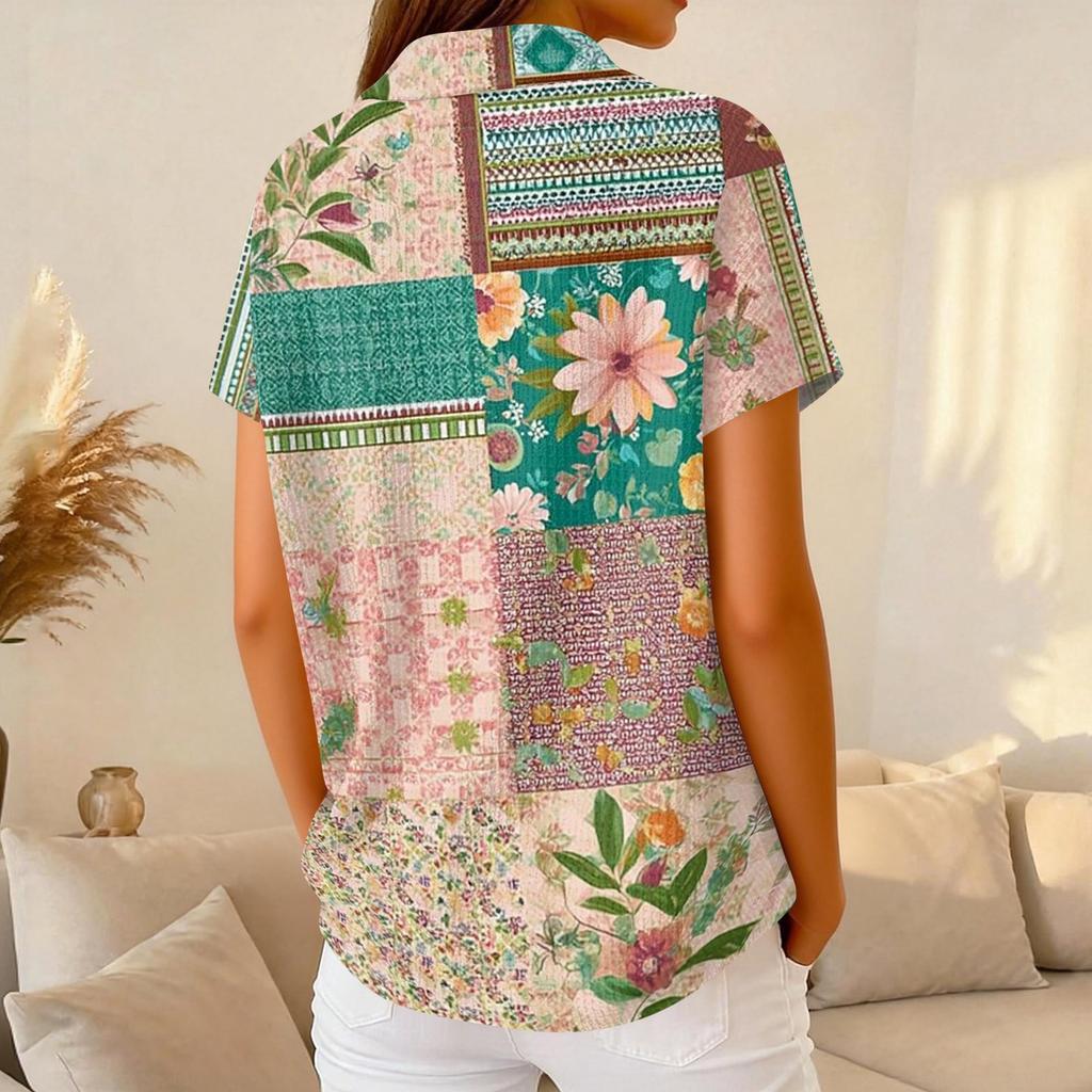 Damen Lässiges Kurzarm Waffelstrick Poloshirt Knopfleiste Patchwork Blumenprint Leichtes Oberteil