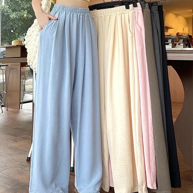 Sommer Damen Süß Bunt Eis Seide Hosen Dame Baggy Vielseitig Elastisch Gerade Beine Hosen Weiblich Weite Beine Hohe Taille Hosen