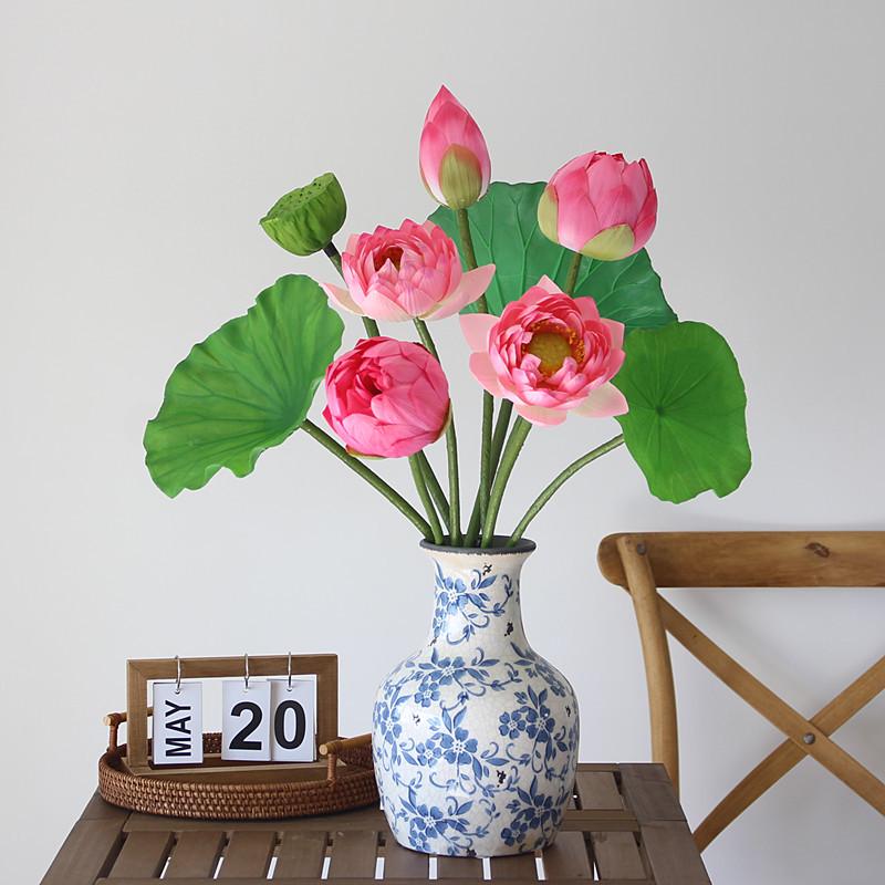 Artificial Lotus Bouquet with Handcrafted Leaves and Pods for Living Room or Buddhist Hall Decor
