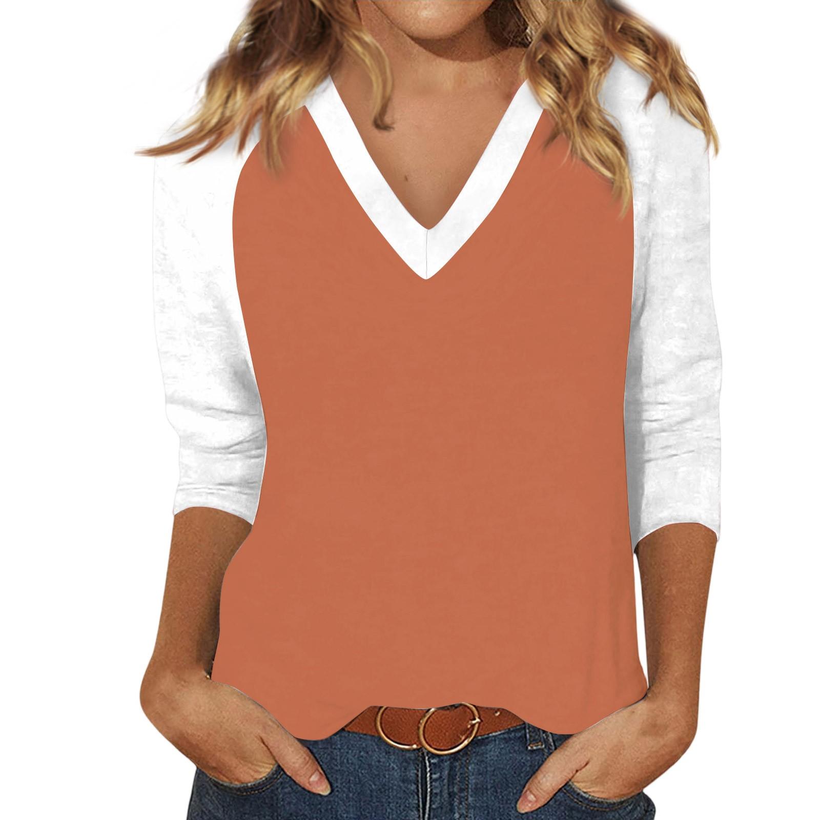 

Women S Casual And Fashionable Patchwork V-Neck Top With Seven Quarter Sleeves Top Women S Summer Clothes Top Mujer 8XL