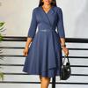 Women Elegant V Neck High Waist Solid Color A Line Midi Dress