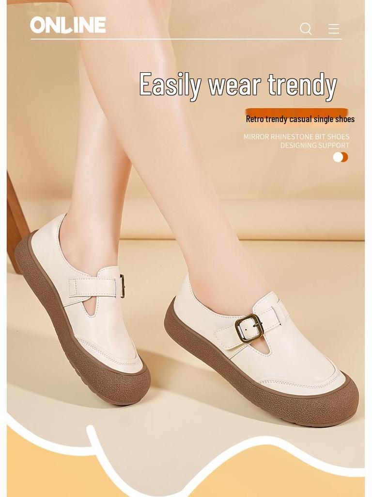 Autumn 2025 Retro Women's Genuine Leather Slip-On Shoes - Comfortable Casual Soft Sole for Moms