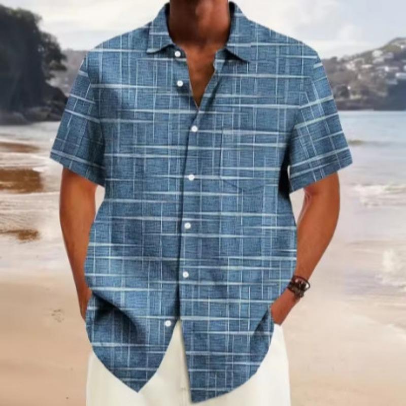 

Men s Summer Green Grid Print Hawaiian Shirt Casual Short Sleeve Beach Shirt S