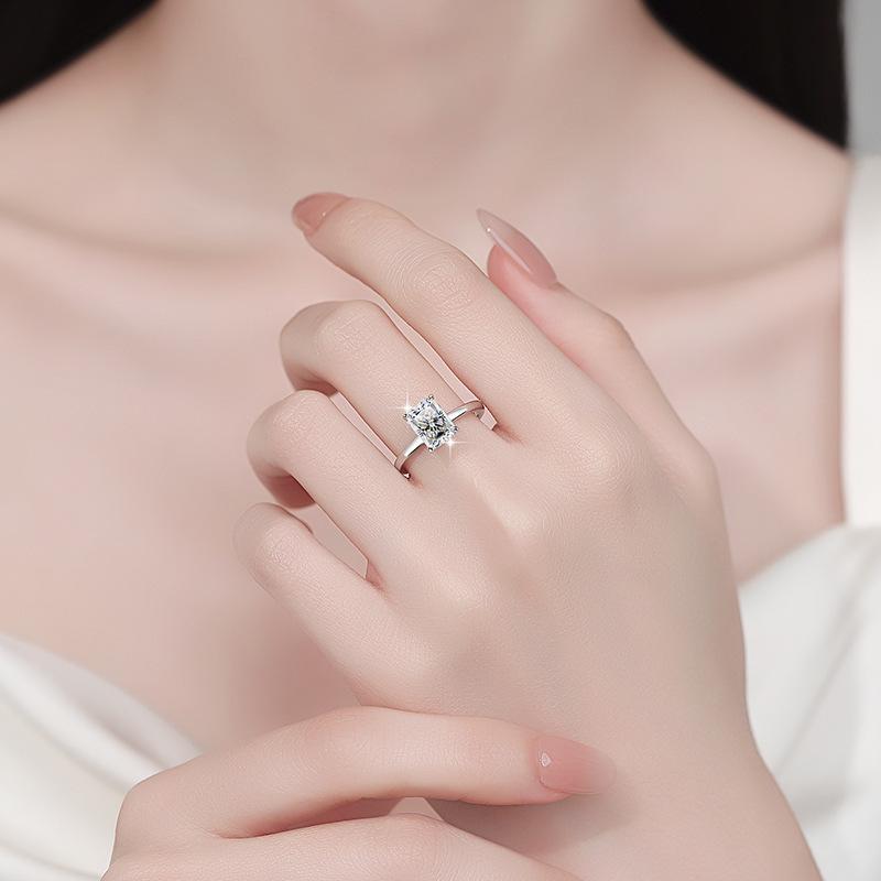Radiant Cut Moissanite Ring: Elegant Four-Prong S925 Sterling Silver Jewelry for Women