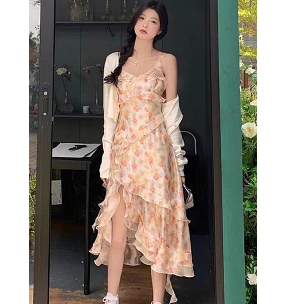 Suspender floral chiffon dress women's summer new sexy V-neck temperament slim and thin foreign A-shaped skirt