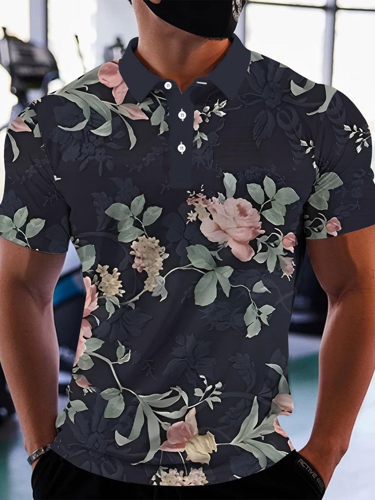 Printed Design – Not Textured Men's Short Sleeve Polo Fashion Golf Shirt In Dark Blue with Pink and Green Floral Pattern, Stylish Casual Men's T-Shirt