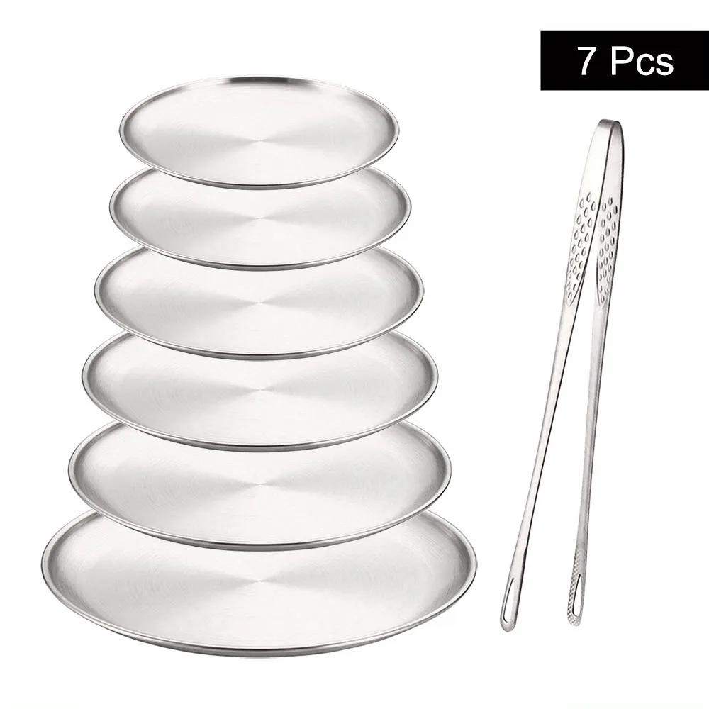 

7 шт. Серебряная многоразовая круглая тарелка из нержавеющей стали с щипцами, идеально подходит для ужина, тортов, салатов, фруктов и стейков, кухонная утварь серебряный