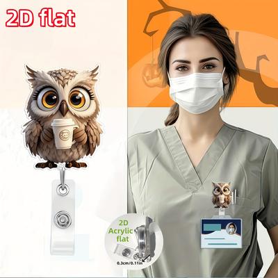 Porta credencial retráctil con broche de búho plano 2D para enfermeras, médicos, estudiantes de medicina
