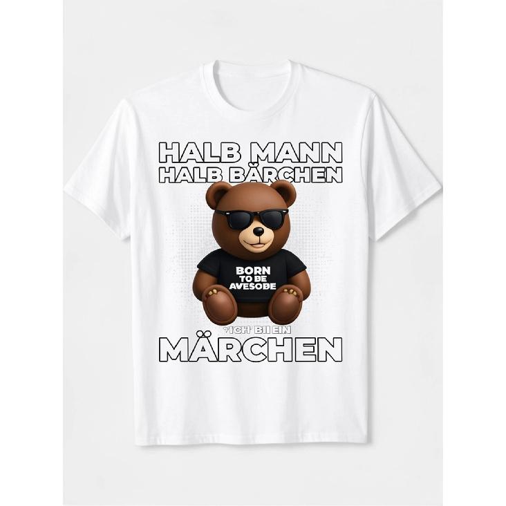 Men's Graphic Tee Half Man Half Bear Cool Cartoon Short Sleeve Crew Neck Soft Cotton Casual Wear Funny German Text Design