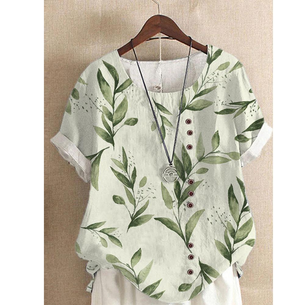 Women's Clothing Retro Printing Casual Loose Cotton and Linen Short Sleeved T-shirt Women's Clothing Large