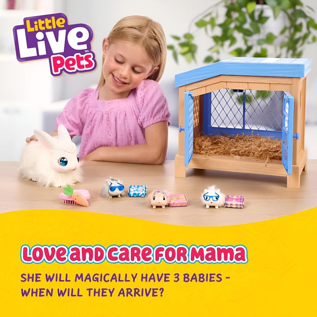 Little Live Pets Bunny Mom Surprise Toy Interactive Animal Playset with 3 Surprise Over 20 and Bunny Accessories for Girls Ages Set, Hutch, Babies,