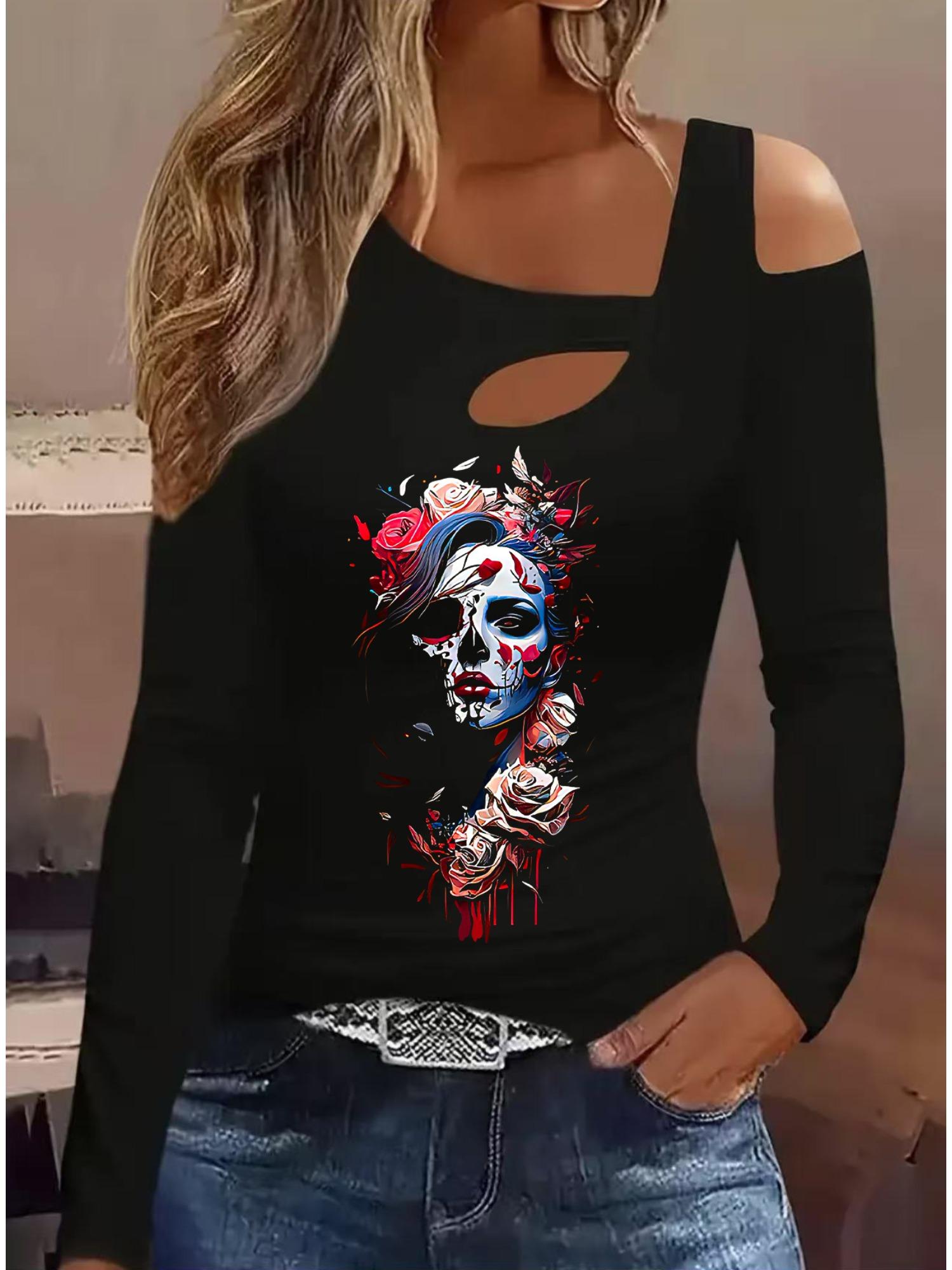 

Модные блузки с живописным принтом, футболки с длинным рукавом, повседневные топы-юбки S чёрный