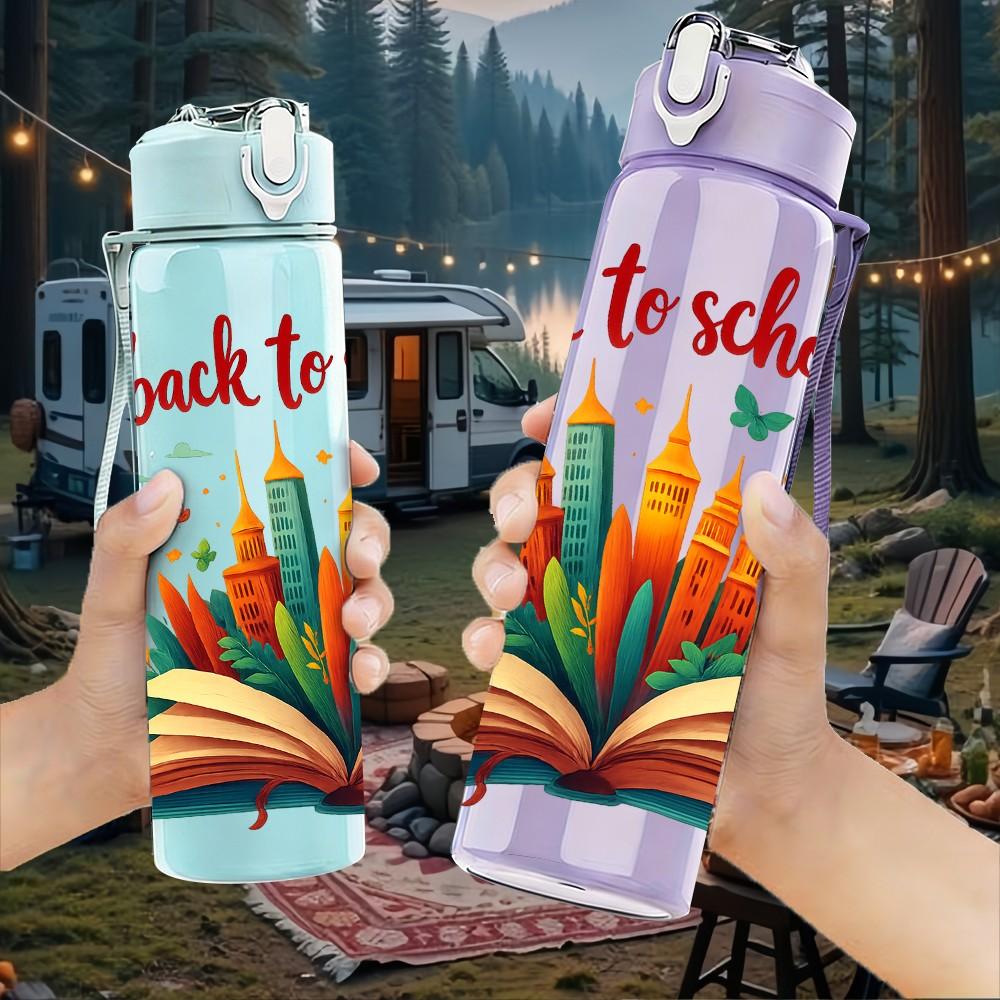 1PC Back To School Book Art Print 750ml Color Plastic Sports Water Bottle Leakproof Flip Straw Lid Suitable for Sports Office Home Use