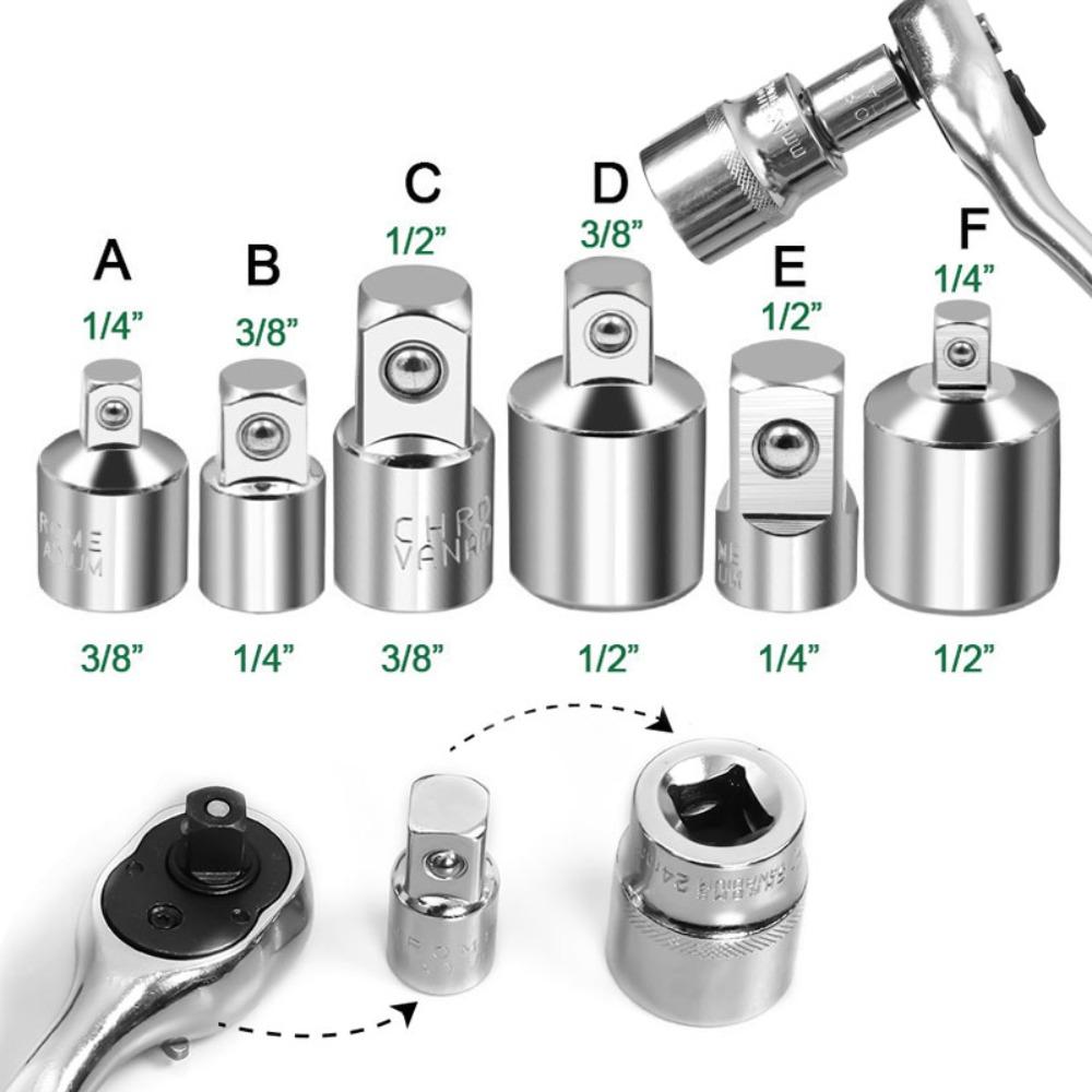 6pcs Universal Ratchet Wrench Socket Converter Sleeve Head Torque Adapter Combined CR-V Chrome Vanadium Steel 1/4" 1/2" 3/8"