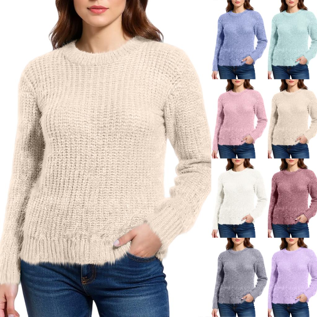 Women's Winter Mohair Candy Color Long Sleeves O-Neck Knit Top Sweater