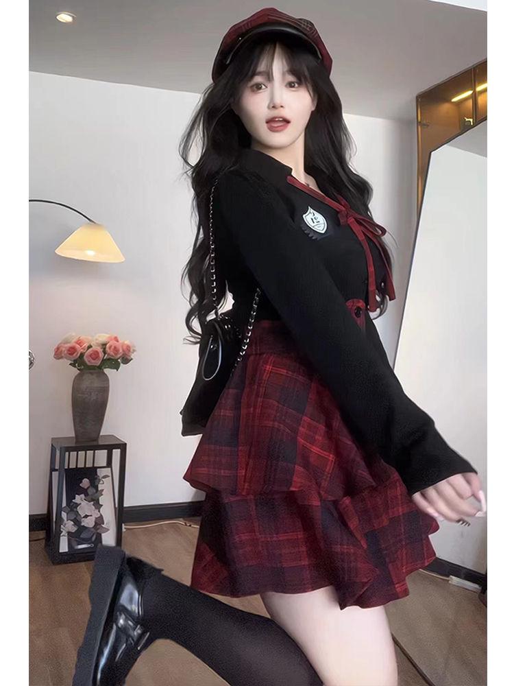 Plus Size Women's JK Style Uniform Set - Waist-Hugging Puffy Skirt & Slimming Shirt Top Duo