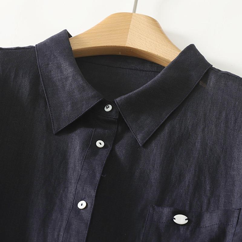 Women Casual Loose Short Sleeve Lapel Collar Cotton Linen Shirt Top
