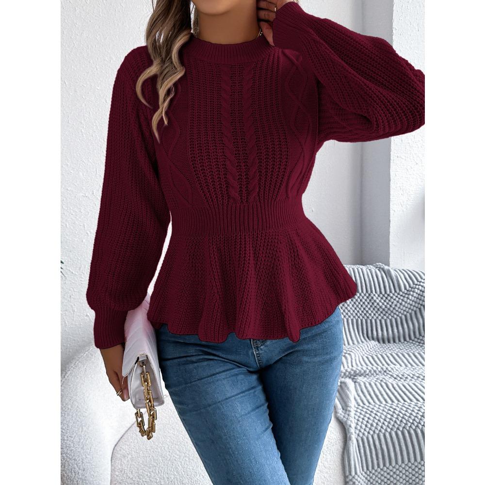 Women's Solid-color Braided Waist-cinched Ruffled Long-sleeved Pullover Sweater for Autumn and Winter