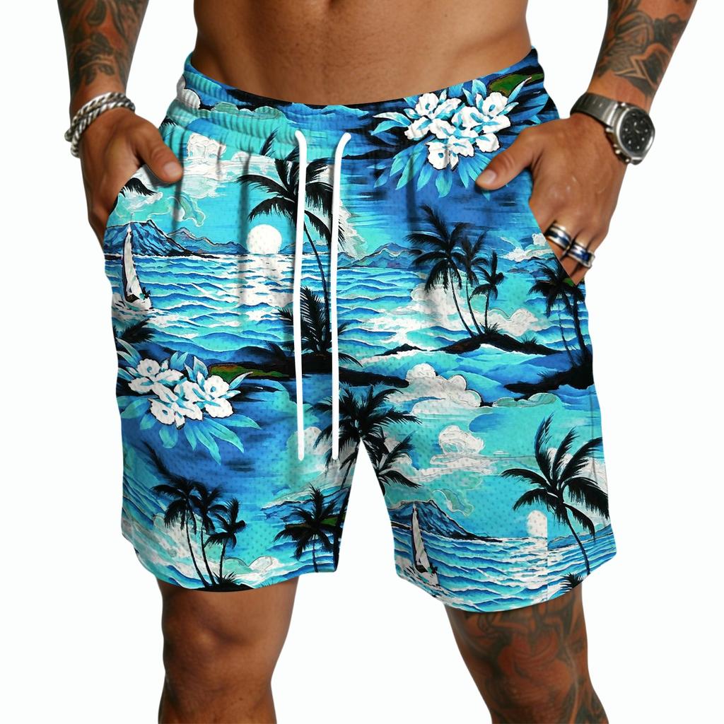 Men's Casual Drawstring Shorts Lightweight Quick Dry Five Inch Inseam Hawaiian Print Beachwear Swim Trunks with Elastic Waistband