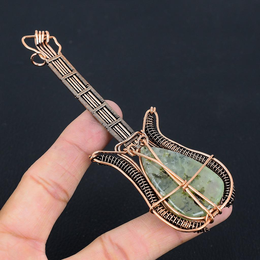 Natural Moss Prehnite Stone Handmade Copper Wire Wrap Guitar Pendant 4.53 V8b49